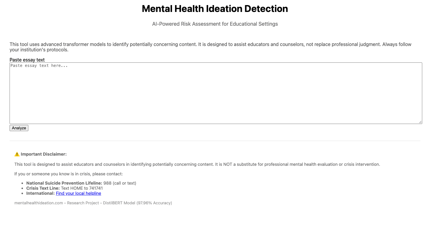 The deployed app at mentalhealthideation.com: a text box to paste an essay, an Analyze button, and a disclaimer with crisis-line contacts.