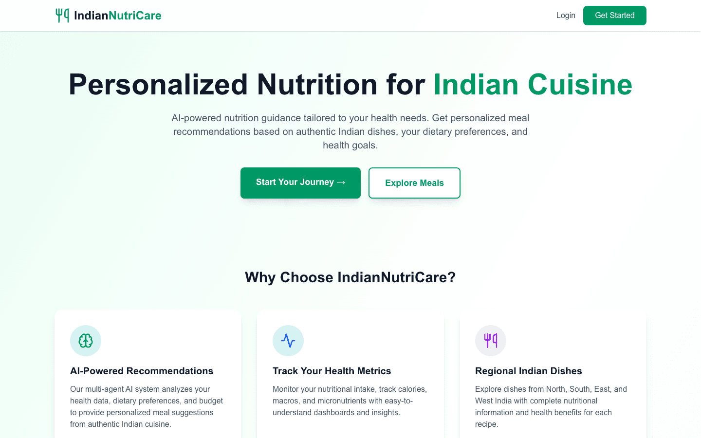 The Nutriboom (IndianNutriCare) landing page: “Personalized Nutrition for Indian Cuisine” with Start Your Journey and Explore Meals buttons.