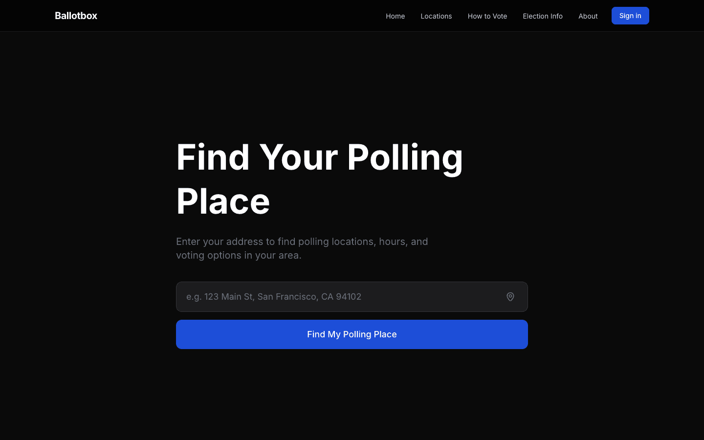 Ballotbox at realadvocacy.us: the heading “Find Your Polling Place”, an address field, and a Find My Polling Place button.